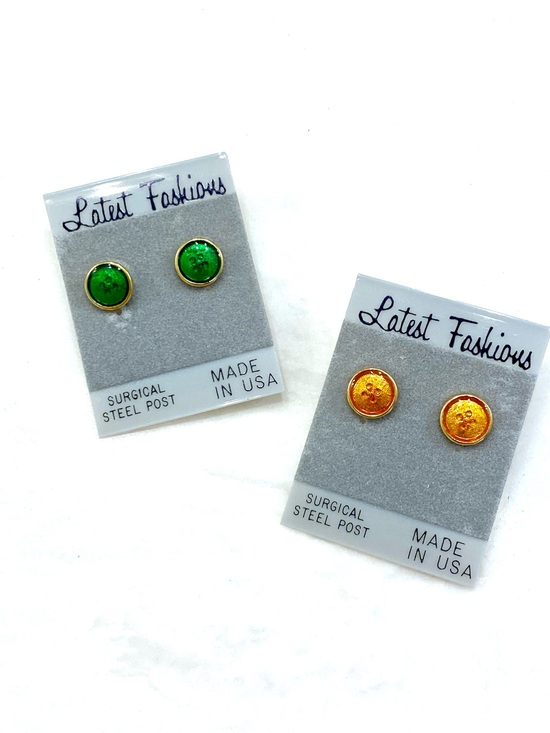 Jewelry - NWT Vintage Glitter Button Stud Earrings Set | Green Orange Cabochon